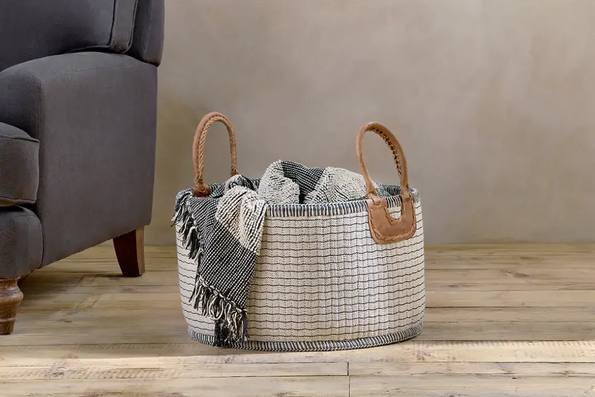 Anjuli Jute & Cotton Basket - Off White & Black