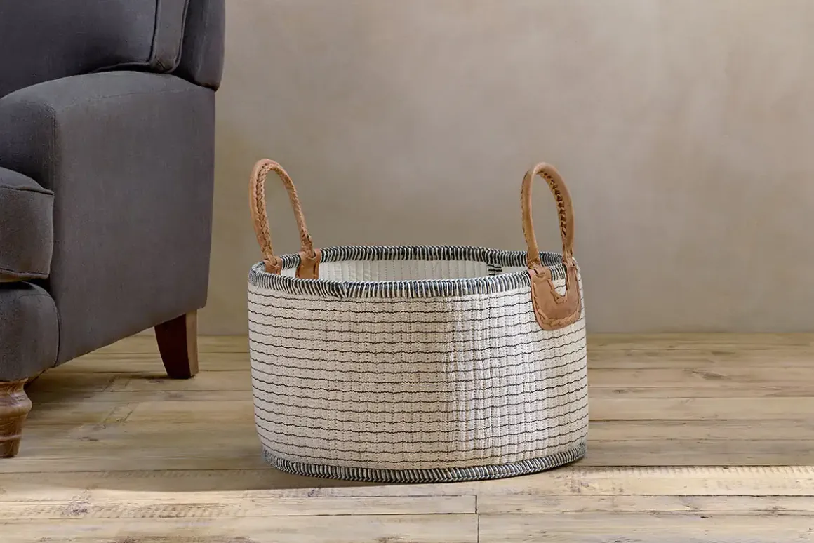 Anjuli Jute & Cotton Basket - Off White & Black