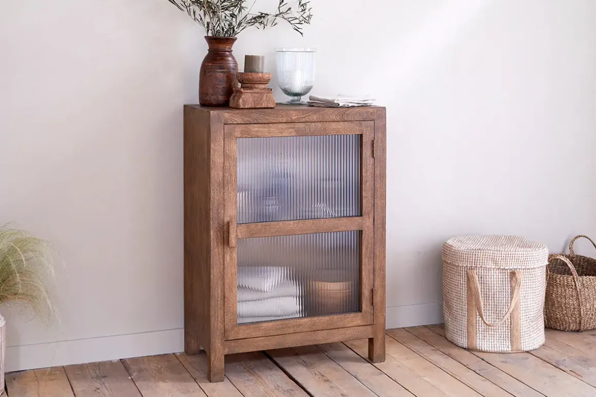 Mendani Mango Wood & Fluted Glass Glass Low Cabinet - Walnut Stain