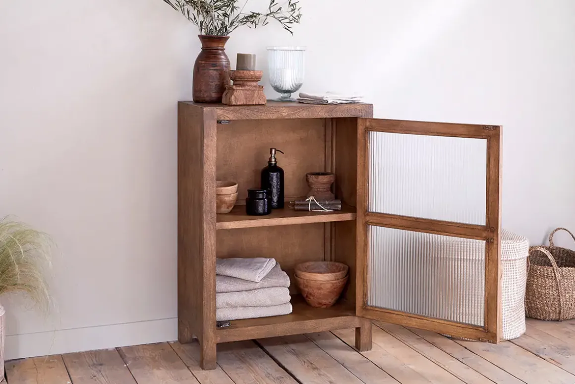 Mendani Mango Wood & Fluted Glass Glass Low Cabinet - Walnut Stain