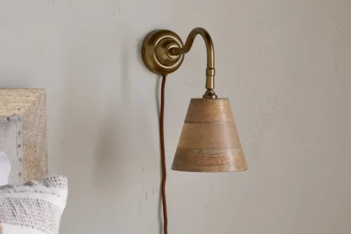 Vattu Mango Wood Plug In Wall Lamp - Natural & Antique Brass
